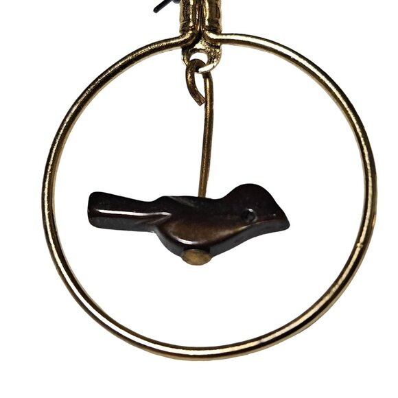 Boho Chic Gold Tone Hoop Earrings Wooden Bird Charms Fashion Jewelry Women - Picture 3 of 5